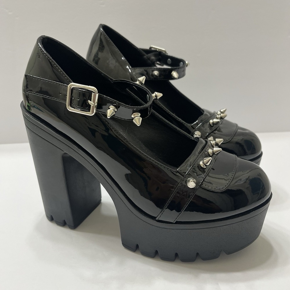 Black Chunky Platform Mary Jane Shoes Patent Leather Silver Spike Stud Size 8.5